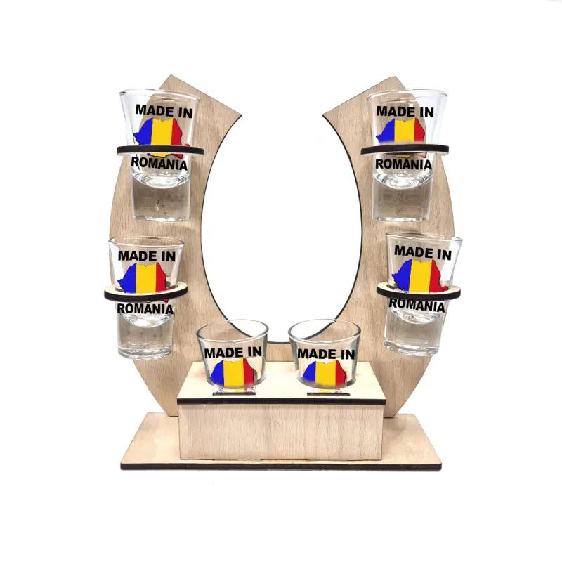 Made in romania, suport potcoava din lemn cu 6 pahare tip shout, model hgs027